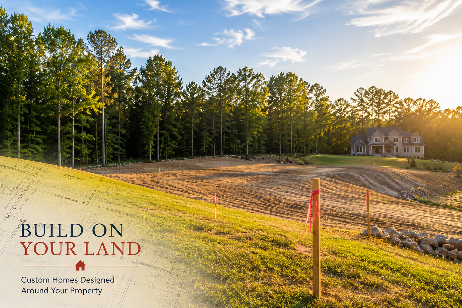 Prepared homesite with survey stakes and cleared land in Durham County, North Carolina, illustrating the opportunity to build a custom home on your own property.