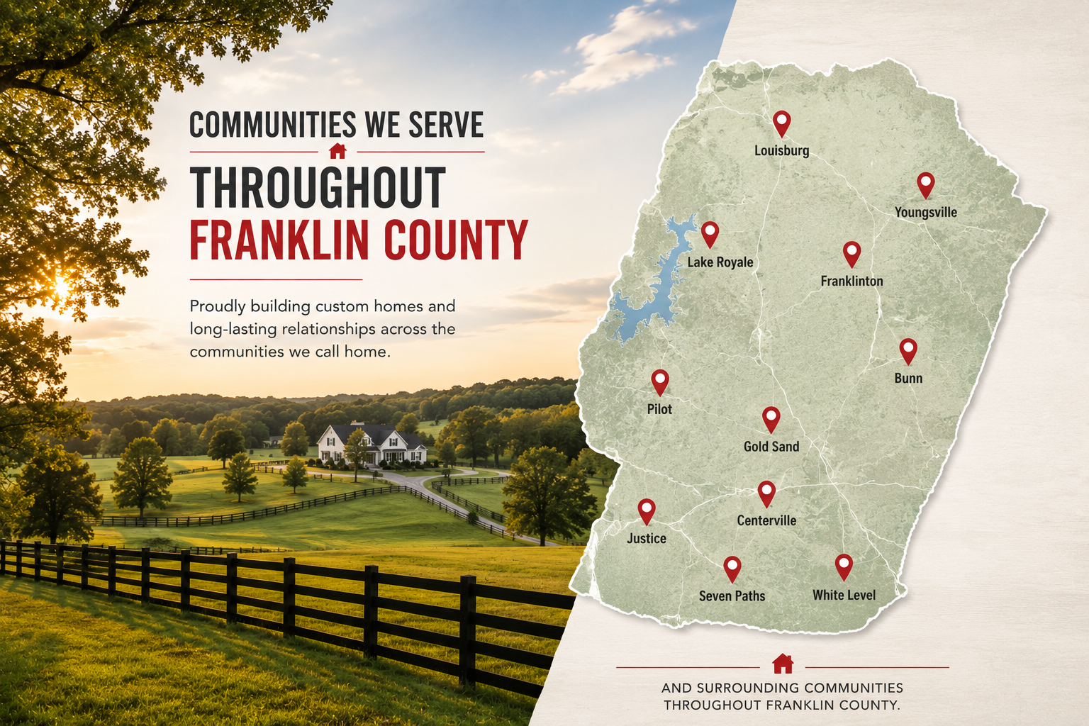 Communities served by Trabar Homes throughout Franklin County, North Carolina, including Louisburg, Youngsville, Franklinton, Bunn, Lake Royale, and surrounding areas.