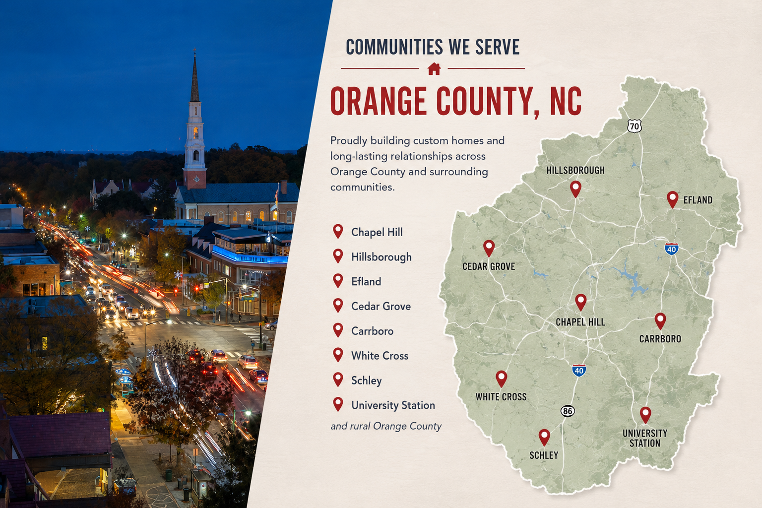 Communities throughout Orange County, NC where Trabar Homes builds custom homes, including Chapel Hill, Hillsborough, Carrboro, Efland, Cedar Grove, White Cross, Schley, and University Station.