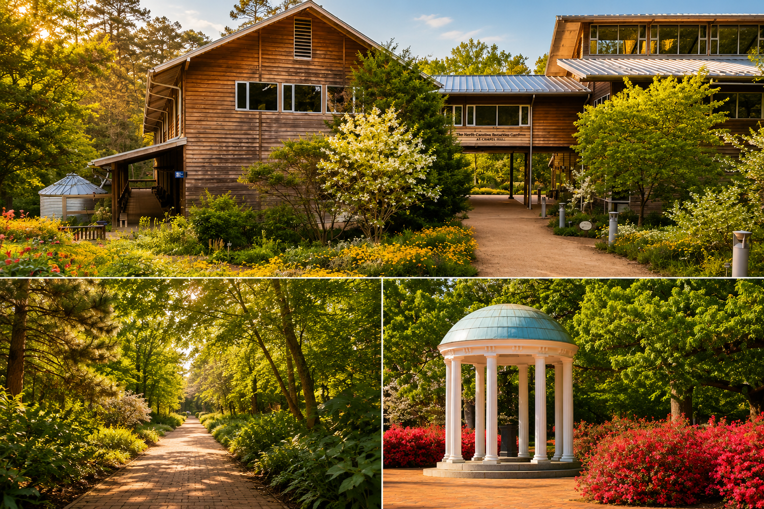 North Carolina Botanical Garden, Coker Arboretum, and the Old Well at UNC Chapel Hill showcasing the natural beauty and outdoor spaces of Orange County, NC.