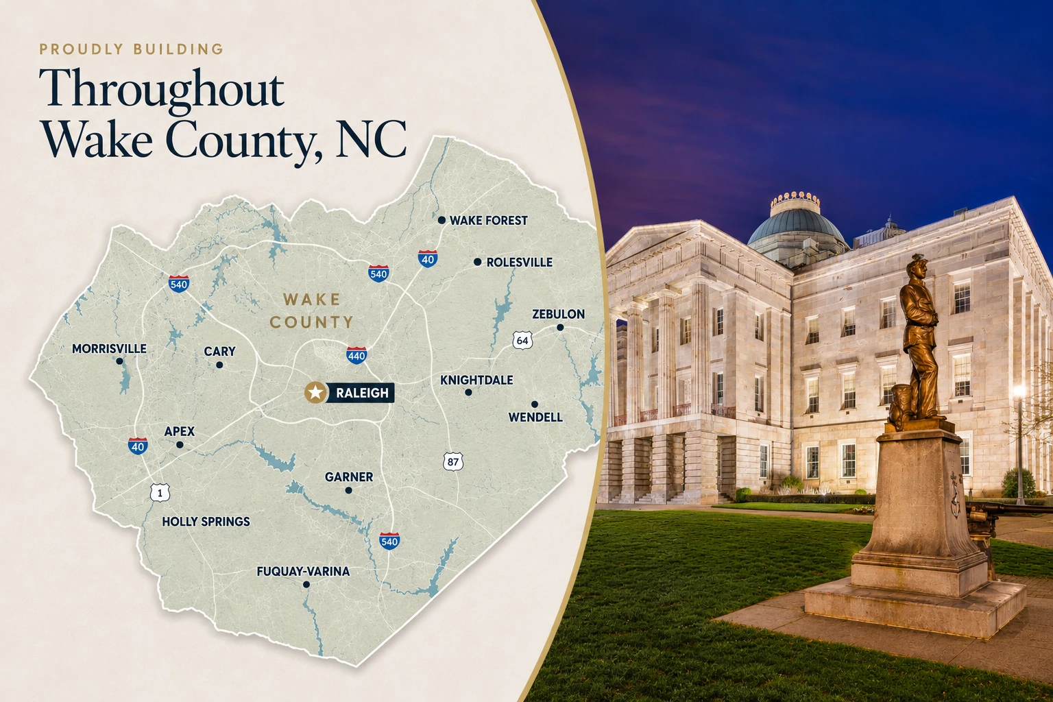 Map of Wake County, NC highlighting communities served by Trabar Homes, alongside the North Carolina State Capitol in Raleigh.