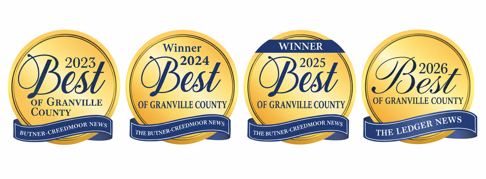 Trabar Homes Best of Granville County award badges for 2023, 2024, 2025, and 2026.